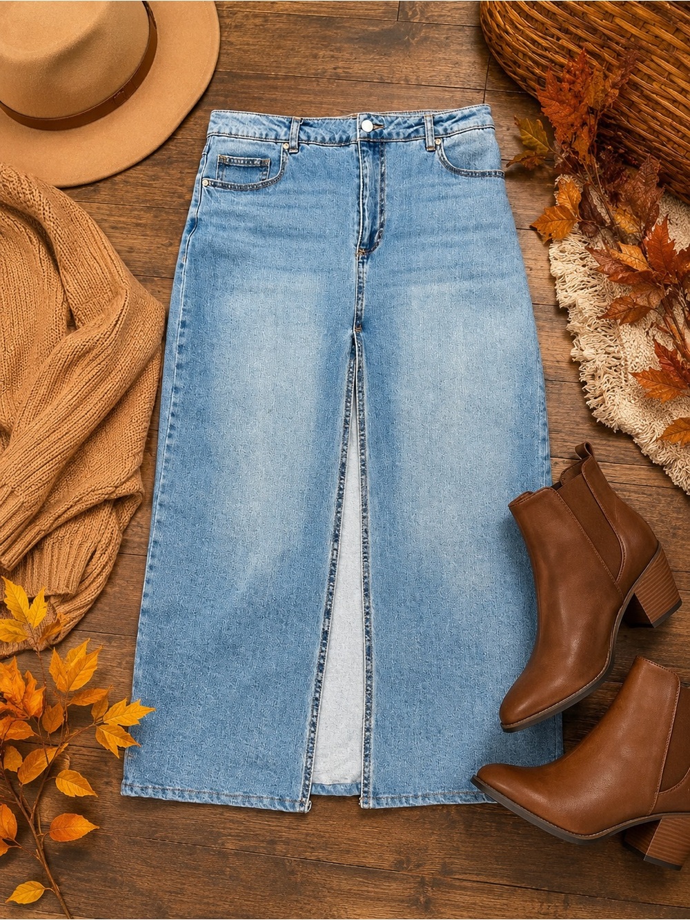 Almost Famous Denim Maxi Skirt Light Wash Front Slit High Rise Size L